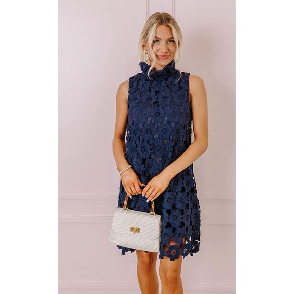 Umgee NWT navy bow back crochet mini dress - Picture 1 of 6